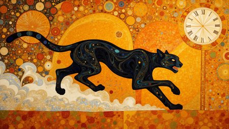 Medieval themed artwork depicting black-toned marbled cheetah running in a orangery, steampunk, intricate white and orange recursion, eldritch, billowing dark dust, very detailed. The overall feel of the image is painterly. Additionally the image incorporates elements of mixed media including flowing lines drawn with fine pens and appliqued copperleaf. The general effect is of timeless fine art elegance. <lora:midjourney_whisper_chromaplex_v1:0.7> <lora:BookOfKells-Rapid:0.6> <lora:Paper_Marbling_Flux:0.6>