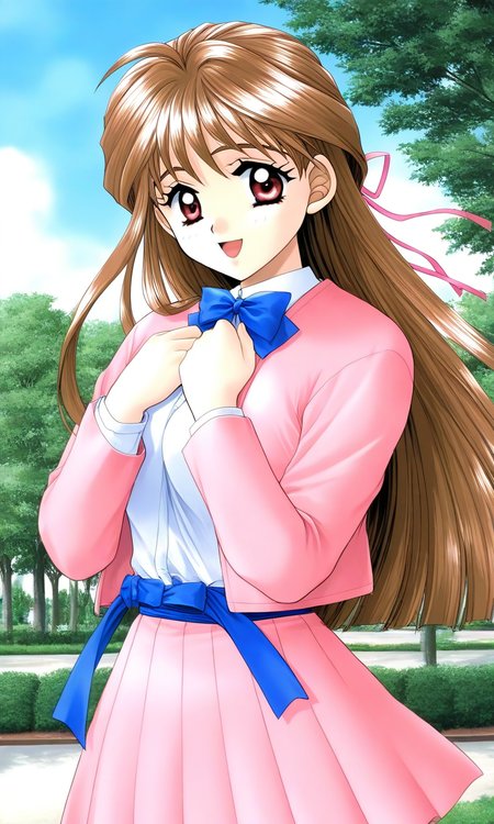 general,highres, ultra-detailed,very aesthetic,best quality ,best hands, BREAK <lora:Minamizato_Ai_kakyuusei_Ver2.0_IS:1> Minamizato_Ai(kakyuusei), open mouth,
1girl, solo, brown hair, long hair, bangs, red eyes, brown eyes, breasts, hair ribbon, pink ribbon, breasts,
pink jacket, bowtie, blue bow, blue bowtie, shirt, jacket, open jacket, hands on own chest,
white shirt, long sleeves, pleated skirt, pink skirt, blue_sash,
smile, looking at viewer, cowboy shot, outdoor, day, blue sky, park,