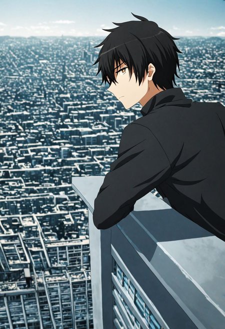 high resolution, solo, best quality, 1Boy, Kanie Seiya, Black Hair, high-rise, top of building, landscape, depth of field, OverallDetail