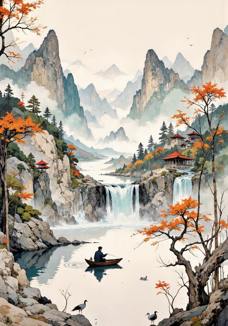Ancient Song dynasty shanshui landscape, ethereal morning mist caressing jagged mountain peaks, masterful dry brush technique creating textural rock formations with minimal strokes, flowing waterfall cascading through central negative space, scattered pavilions nestled harmoniously among pine groves, scholar-fisherman in tiny boat drifting on still lake, delicate ink wash rendering distant mountains in graduated tones, subtle mineral blue-green accents on selective foliage, red-crowned cranes symbolizing longevity in foreground, autumnal maple leaves adding restrained color contrast, calligraphic expressive linework defining weathered tree branches, philosophical balance of substantial and void elements, bamboo stalks bending gracefully in suggested breeze, rice paper texture visible throughout composition, traditional vertical scroll format with atmospheric perspective diminishing clarity in upper portions, embodying Taoist principles of natural harmony and meditative tranquility <lora:FLUX-daubrez-DB4RZ:0.4> <lora:MysticFantasy:0.7> <lora:Chris_Luka:0.2> <lora:Illustration concept V1:0.8> <lora:flux_dev:1>