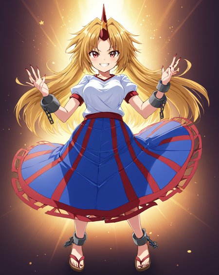 hoshiguma yuugi,1girl, solo, sakazuki, single_horn, geta, shackles, star_\(symbol\), nail_polish, breasts, grin, white_shirt, chain, fingernails, short_sleeves, blush, toenails, blue_skirt
<lora:hoshiguma_yuugi_image3866_2023-12-17-000008:1>,star-shaped_pupils,symbol-shaped_pupils,. gorgeous,key visual, vibrant, studio anime,award-winning, professional, highly detailed,high budget, cinemascope