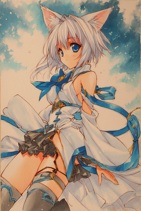 1girl, solo, animal ears, thighhighs, blue eyes, white hair, short hair, cat ears, detached sleeves,traditional media,<lora:Aoi Nanase_XL:0.9>,