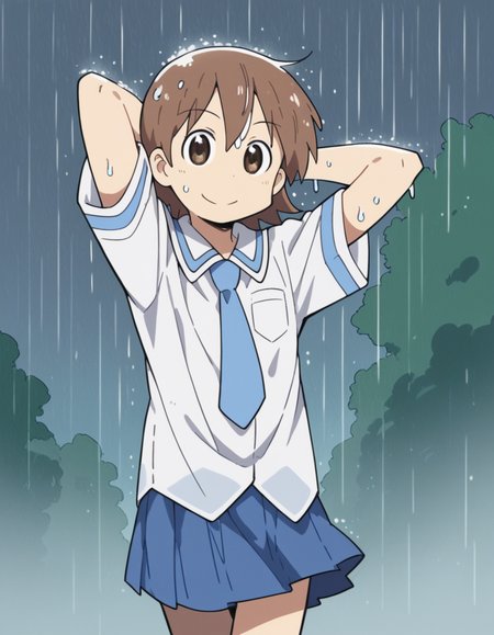 score_9, score_8_up, score_7_up, source_anime, <lora:yuuko-aioi-s1-ponyxl-lora-nochekaiser:1>, yuuko aioi, short hair, brown hair, brown eyes,, skirt, school uniform, necktie, tokisadame school uniform, rainy day, umbrella, walking home, puddles, wet hair, smile, hands behind head,, looking at viewer, solo,, dutch angle, cowboy shot
