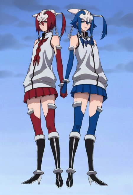 score_9,score_8_up,score_7_up,score_6_up,score_5_up,score_4_up,anime coloring BREAK source_anime,anime,<lora:Yin__Yang_BLEACH_Pony:0.9>,2girls,yin&yang,green eyes,blue hair,short hair with long sidelocks,blue eyeliner,blue lipstick,red thighhighs,red skirt,yin off shoulder,blue skirt,blue elbow gloves,red elbow gloves,red hair,red eyeliner,red lipstick,yang off shoulder,hair between eyes,hair ornament,black boots,standing,(multicolored background:1.2),