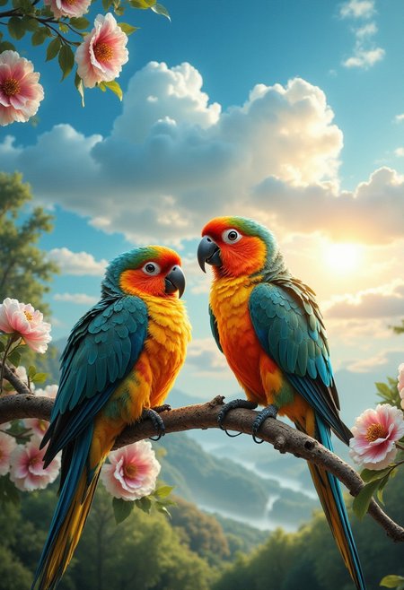 close-up 2 parakeets on a flowering tree branch, background of blue sky with cumulus clouds and rising sun