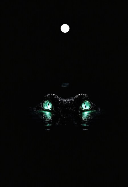 In a pool of ink-black water, two crystal-cut green eyes float—sharp, faceted, and eerily luminous. The crocodile’s body is entirely obscured, vanished into the void, perfectly melded with the surrounding darkness. No form is visible, only the glinting gaze that pierces through the shadow like twin emerald shards.
Above, a solitary white moon hangs in the empty sky, its glow soft and cold, casting no reflection. The scene is stark and haunting: a black abyss pierced by crystalline vision, with no edges, no outlines—just presence. A whisper of danger hidden in stillness, cloaked in nothingness but light and gaze.
