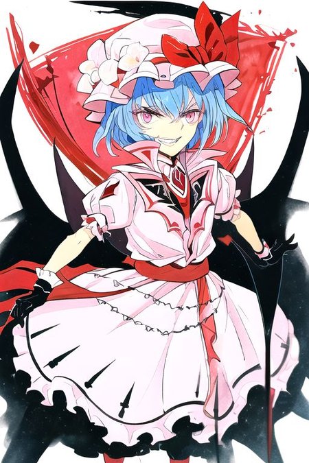 solo, 1girl, solo_focus, ((too many)):16, 
watercolor (medium), traditional media, 
remilia_scarlet_(koumajou_densetsu), solo, 1girl, smile, short_hair, shirt, red_eyes, bow, blush, hat, ribbon, dress, hair_ornament, frills, blue_hair, jewelry, puffy_sleeves, short_sleeves, red_bow, wings, mob_cap, nail_polish, pink_eyes, flower, ascot, pantyhose, sidelocks, detached_sleeves, hat_ribbon, shoes, pointy_ears, grin, wrist_cuffs, bat_wings, sword, fingernails, white_headwear, black_pantyhose, high_heels, hat_bow, collar, fang, sash, black_gloves, choker, petals, white_dress, fingerless_gloves, polearm, lips, hair_flower, expressionless, frilled_sleeves, hat_flower, brooch, pink_dress, red_sash, armband, sharp_fingernails, frilled_dress, collared_dress, coat, wing_collar, red_footwear, spear_the_gungnir, long_fingernails, light_purple_hair, eyelashes, bridal_gauntlets, cross, clenched_teeth,