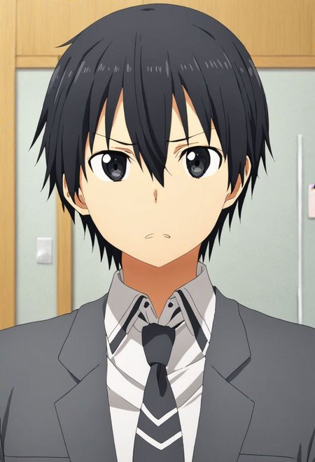 high resolution, solo, best quality, 1Boy, Kazuto Kirigaya, Black Hair, Black Eyes, school life, school uniform, OverallDetail