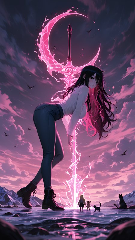 depth of field, cloudy, afternoon light, bardiche poleaxe, pale skin, amazing quality, 8K, lying, masterpiece, frozen waves of time, group, hanging breasts, very aesthetic, Three-quarter view, long messy hair, Lucy Heartfilia (Fairy Tail), dark_jeans, newest, cat_girl, large breasts, sandals, slime_(creature), HDR, long hair, Fuchsia Theme, ambient occlusion, white_blouse, sharp crescent blade, magic glowing aura, absurdres, best quality, Chimera, absolutely eye-catching, Jet black hair, miniature world, ephemeral, anime character, on_side, trapping moments within the icy peaks., knees_slightly_bent, tweed_jacket, ultra-detailed, 1girl, ankle_boots, motion_blur:1.1, nail_polish, Mountains carved from giant, motion_lines:1.1