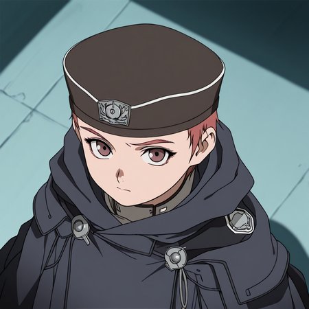best quality,8k,masterpiece,1girl,solo,kino mayumi,sailor hat,anime coloring,coat,military hat,brown eyes,from above,red hair,looking at viewer,<lora:mayumi_kino_Lora_for_IL:1>,oversized_coat,badge,