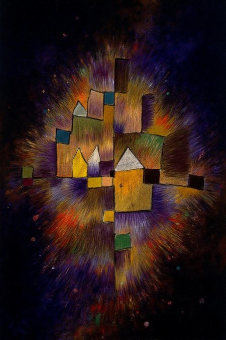 paulklee1 painting.
A chaotic depiction of a cityscape lit up by colorful fireworks all around it.
 <lora:paulklee1_cap_d8a4e6:1.0><lora:838879672369580083:0>