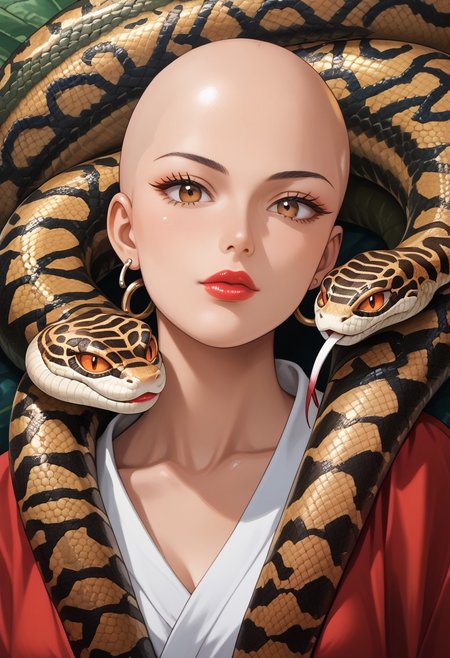score_9,score_8_up,score_7_up,score_6_up,score_5_up,source_anime,1girl, female saitama, bald girl, brown eyes 19yo, lipstick , flirty, snake, snake on shoulders,