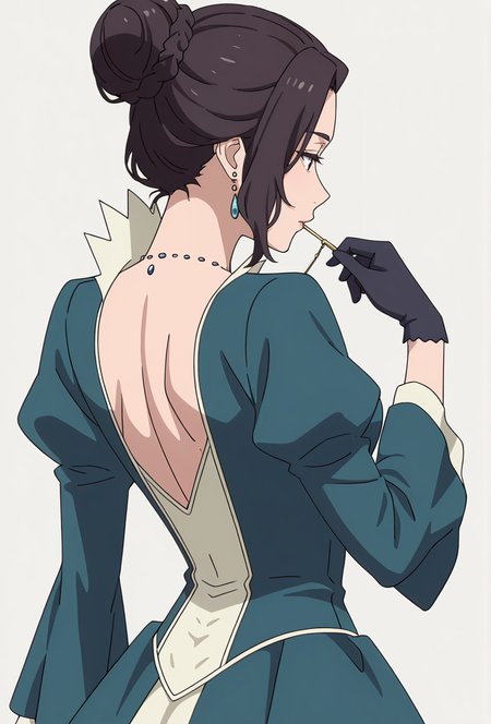 Smooth Quality,masterpiece,very intricate, high quality details, ultra realistic, high detailed skin,detailed enviorement,absurdres,
simple background, white background, 
bent back, Middle of spine pushed backwards,pensive,
 <lora:Blumund_Queen_cnn:0.8>blumundqueencnn,1girl, black hair, hair bun,
long sleeves, blue dress, black gloves,jewelry, necklace, 
<lora:HanasetoCNR_Styles:0.8> hanaseto_style_cnn