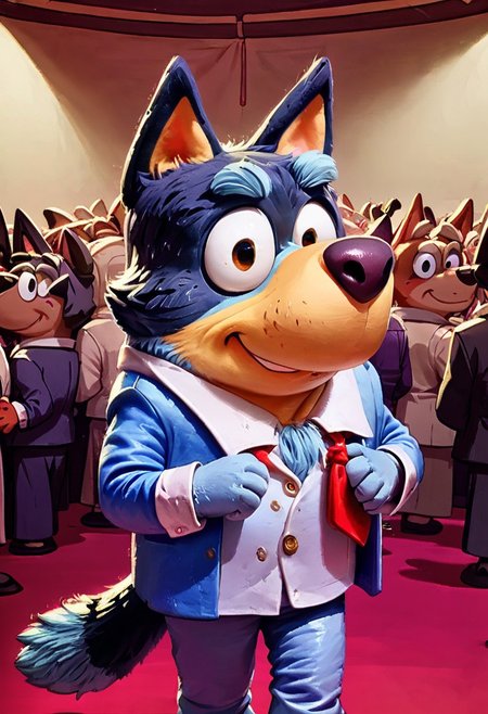 Bluey, score_9, score_8_up  score_7_up, male, dressed as a professor giving a Ted talk, audience in background, Bluey style, detailed fur