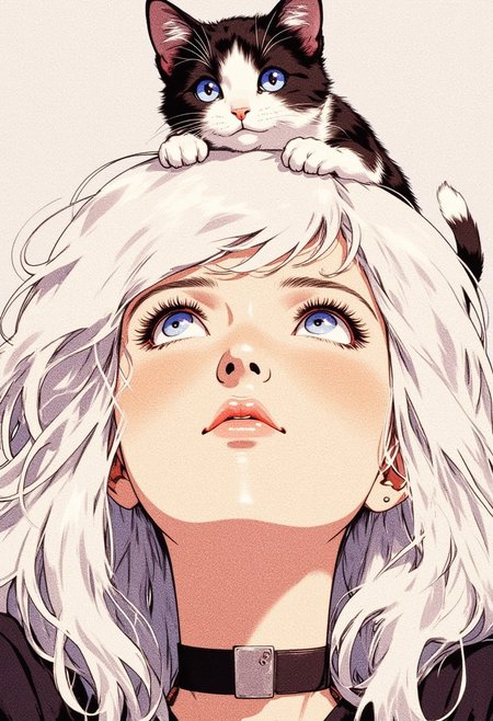 ( front wiev)a girl with white hair.  looking upwards with a calm, dreamy expression. A small black and white cat is resting on her head, peeking over her hair and looking down at her with wide eyes. The artwork has a soft, illustrative style, and the girl's lips are slightly parted, adding to the serene mood. She is wearing a choker,  long wave white hair The background is neutral, emphasizing the characters.