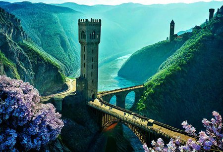 towers ringed in mist, sunrays, mixed media, flux-style, surrealism, fantasy, great lighting, A surreal landscape highly detailed, extremely high-resolution details, appears trapped in an optical illusion of reflections and refractions, colorful, Spring, cherry blossoms in the wind, sweeping vistas, majesty, spring blooms, (Zhangjiajie mountains:1.2),  (((Paris in contemporary France, baroque architecture, European architecture, Firenze towers))), (stone arch bridges:1.05), winding rivers extending to the horizon, professional photography, natural lighting, volumetric lighting maximalist. vivid, vibrant colors, intricately detailed, (psychedelic colors, psychedelic colors:1.15), complex, elegant, expansive, fantastical, film photography style, medium grain, cmnt
 (8k uhd:1,4)
 <lora:add-detail-xl:1>
 <lora:Dynamic Poses:1>