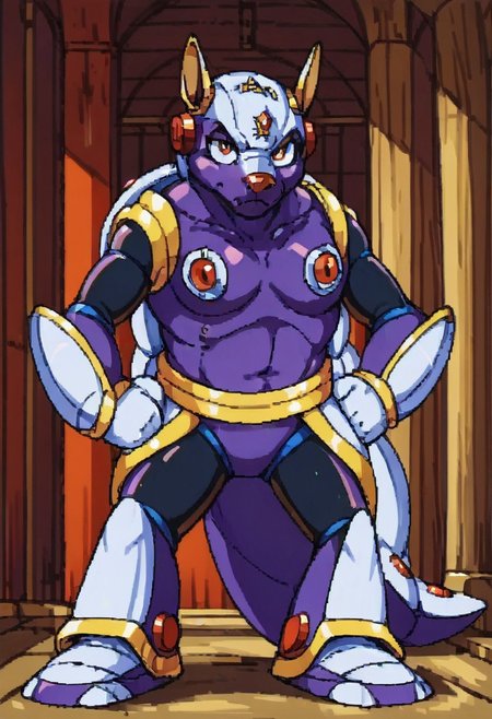 score_9, score_8_up, score_7_up, score_6_up, score_5_up, source_furry, maverick, armored armadillo, mmx, purple + gold armor, armadillo, metallic, robot animal, shell, red nose, armadillo ears, genderswap, 1girl, female, adult, breast, solo, looking at viewer, unamused, glare, hands on hip