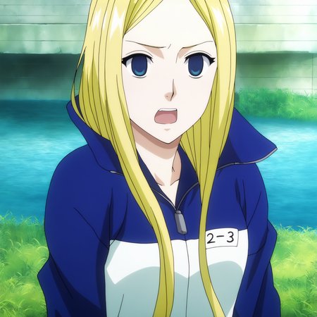sharp focus, pixiv masterpiece, score_9, score_8_up,  source_anime, score_7_up, best quality, high res, absurd res, BREAK
<lora:Nino_arakawa_under_the_bridge_illu_v38:1>,nino_arakawa_il, (1girl, solo:1.5), blonde_hair, blue_eyes, blue_white_tracksuit, number_tag, long_hair,(anime_screencap:1.1),  riverside,  (portrait:0.4)