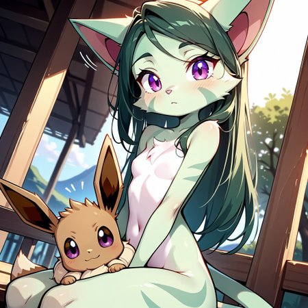 L1l1th_Ca1a4,1girl,solo,furry,furry female,cat girl,long hair,green hair,cat ears,purple eyes,snout,animal nose,body fur,two-tone fur,green fur,white fur,cat tail,
masterpiece, best quality, good quality, very aesthetic, absurdres, newest, 8K, depth of field, focused subject, outside,
dynamic angle, dynamic angle, dutch angle,  Eevee pokemon (creature) sitting on her lap, looking at viewer, relaxing, motion lines, bronze palette