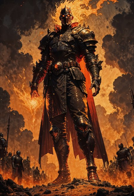 a digital illustration depicting a powerful fantasy scene. The central figure is a male warrior standing in the midst of a battlefield. He has a commanding presence and is clad in elaborate, dark armor that includes a long, flowing cape. The armor is intricately detailed, with a metallic sheen that reflects the fiery glow emanating from his body. His hair is ablaze, forming a wild, fiery mane that contrasts sharply with the dark armor. The warrior is holding a glowing, orange flame in each hand, which illuminates the scene with intense, warm light.
Surrounding him are numerous soldiers, also in dark, heavy armor, some of whom are on their knees, seemingly in awe or terror. The battlefield is a chaotic, dusty expanse with scattered debris and fallen soldiers, creating a sense of conflict and urgency. The background is a stormy, dark sky, with ominous, swirling clouds that enhance the dramatic atmosphere. The overall color palette is dominated by dark browns, blacks, and grays, contrasted by the bright, fiery oranges and yellows of the flames. The style of the illustration is highly detailed and dynamic, capturing a moment of intense magic and combat.