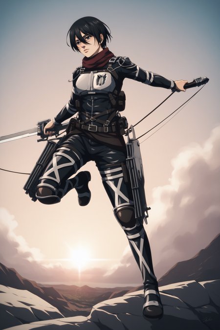 score_9, score_8_up, score_7_up, BREAK source_anime, <lora:adult mikasa ackerman-PonyXL-lora-faxtron:0.8> adult mikasa ackerman, black eyes, black hair, short hair, paradis military uniform, armor, boots,