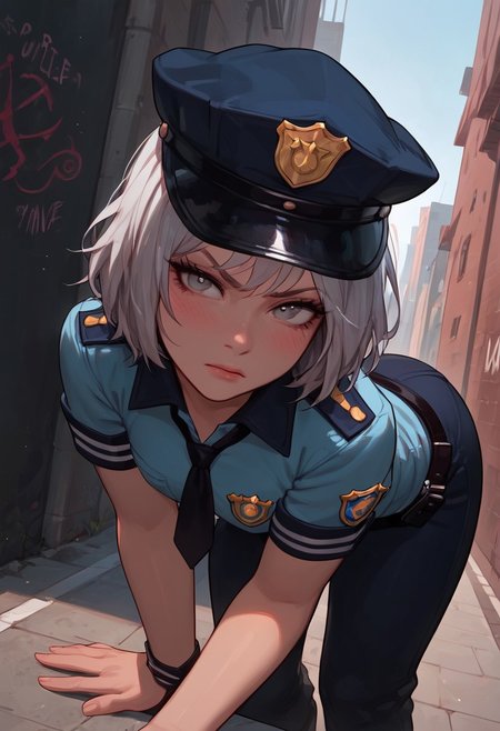 masterpiece, best quality, wallpaper, highly detailed, score_9, score_8_up, score_7_up, score_6_up, source_anime, (vivid colours), g0thicPXL,
BREAK.
1girl, blush, big ass,short silver hair, (messy silver hair), bangs,pale skin, medium breast, sexy face, glowing light,young, perfect body, fair skin, ((dark circles under eyes)), ((messy silver hair)),little happy, grey eyes,open eyes,(tired face), police outfit, police hat,police costume,angry pose, dynamic from, dynamic view,sexy pose,holding a note,dynamic pose,from behind, ass focus, (dutch angle),police pants,pov,hands pulldown pants,bent over to issue a ticket to a car
BREAK
city background, graffiti,(street), ((police patrol in background)),outdoor, medium angle, fisheye cam