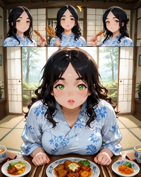 IllusP0s, PonyScores7, source_anime, ah1, IllustriousQual, interesting, exciting, spectacular, wonderful, 
BREAK <lora:xl_more_art-full_v1:0.2>, <lora:aesthetic_anime_v1s:0.2>, <lora:EpicF4nta5yXL:0.2>, <lora:detailxl:0.2>, detailxl, <lora:Fant5yP0ny:0.2>, amazing quality, best aesthetic, absurdres, illustration, Volumetric_Lighting, ultra-detailed, very aesthetic, intricate details, best_quality,
BREAK ((sitting, eating)),
BREAK Stable_Yogis_PDXL_Positives, AS-Adult, <lora:Complicated fantasy portrait - XL Pony V2.0:0.2>, bad-hands-5, <lora:HDA_Detailer:0.3>,  <lora:Love_Live_Sunshine_Illustrious_SD8-1:0.5>, ((reference sheet)),
BREAK 1girl, mature female, (curvy), round-chin, caucasian, <lora:ETO_OC_Illustrius:0.5>, eto_oc, skindentation, (plump), thick thighs, wide hips, busty, voluptuous, <lora:venus body PonyXL:0.3>, <lora:shinyskin2:0.2>, glistening skin, HDA_FatGirlXL, round ass, large breasts,
BREAK ((<lora:heyashoku:0.5> heyashoku, food, table, yukata)),
BREAK (curly hair), long hair, (black hair:1.4), (parted hair:1.7), messy hair, kinky curls, <lora:hairdetailpxl:0.2>, hairdetailpxl,
BREAK (half green and brown eyes), (colorful eyes), (multicolored eyes), (downturned eyes:1.4), expressive eyes, <lora:perfect-eyes:0.4> perfecteyes , EyesHD, (round face:1.2), (thick eyebrows:1.3), (plump face), <lora:Round_face:0.2>, lips, <lora:DetailedEyes_xl_bdsqlsz_V1:0.4>, <lora:Eyes_Lora_Pony_Perfect_eyes:0.4>, <lora:focusoneyes:0.4>,
BREAK ((surprised expression)), <lora:Expressive_H:0.2>, Expressiveh, <lora:Emotional_Anime_Expressions_PonyXL_Concept:0.2>, emotional, <lora:Best_Facial_Expression_LoRA_PONY:0.2>, looking at viewer, <lora:Detailed expressive EXEV style -XL Pony V1.0:0.2>, FaceDetail, <lora:Best_Facial_Expression_Helper_XTREME_ILLU:0.4>, kaogei,
BREAK (((indoors, ryokan))), <lora:Background Detailer - SDXL:0.8>, 4k, 8k, Ultra HD, Masterpiece, Best quality, Detailed background, <lora:Add_more_details_V2_XLpony:0.4>, full_details, <lora:background-type1:0.4>,