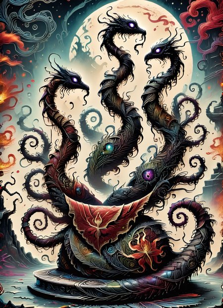 DonM5by55Pr1n7XL, score_9, score_8_up, score_7_up, score_6_up, abysal, 2d illustration, undulating flamboyant void asian coiled Hydra,   leathery
 ,  rating_safe  <lora:DonM5by55Pr1n7XL-pony:1.1>