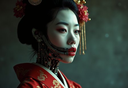  hybrid face  (geisha::1.2) (cyborg mask::1.5),  film, predator jaws::1.2, cyborg jaws::1.7 open::2, style by Yuri Shwedoff,Robert Zemeckis, Kim Ki-Duk, (by Tony Conrad::1.05) ,Biopunk, (by Hito Steyerl::1.15), shallow depth of field, vignette, () (Fujicolor Superia X-TRA 400::2) (Light tracing) (Dramatic lighting::2)