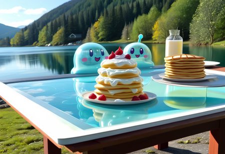 {foodphoto, a stack of pancakes made out of slime, (slime pancakes:1.5), slime syrup, pancakes covered in syrup, a swirl of whipped topping on top of a stack of pancakes, (slime whipped cream:1.5), (tan slime pancakes:1.5), (white slime topping:1.5)}, 
plate made of slime, table made of slime,
natural light, no bright spots, 
((translucent slime)), ((transparent slime)), made of water, (bioluminescent slime), sl1m3d, slime, slime-morph, ais-blmn, saturated colors, no creatures, no humans, no monsters, no pokemon, scenery only, scenery, no slime creatures,