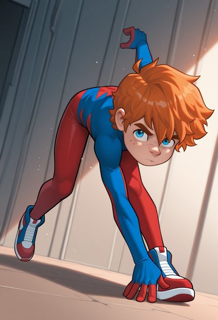 1boy, male focus, cute boy, BaileyBriggs, maskless, Orange Hair, Blue Eyes, Freckles, Spiderboy Costume, Two-tone Bodysuit, Red Bodysuit, Blue Bodysuit, Red Blue Sneakers, cinematic, intricately detailed illustration, depth of field, masterpiece, best quality, amazing quality, very aesthetic, absurdres, newest, very awa, shadow, dynamic angle, casual cosplay, dynamic pose,  action pose,