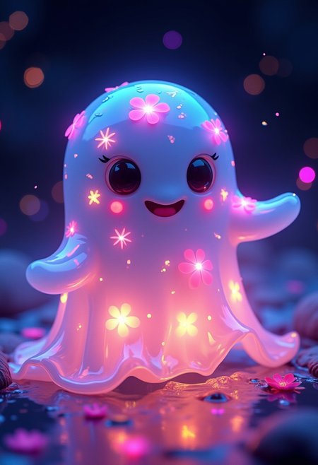 art by anne stokes,mandy disher, "highly detailed & intricate professional photography of an adorable friendly chibi ghost in a sheet composed of translucent Electroluminescent jelly; wearing flowers like the 1970s; Abstract concept art; 8k resolution; a trending masterpiece on Artstation; Captured in vivid triadic colors using Unreal Engine 5 and Octane for CG Society, the image is a surreal feast for the eyes", luminism, ultra highly detailed, 32 k, complex background, dynamic lighting, lights, digital painting, intricated pose, highly detailed intricated. Studio Ghibli Genshin Impact
