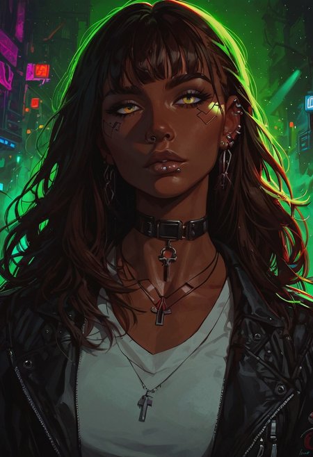 score_9, score_8_up, score_8_up, 1 Indian girl, dark-skinned girl, cyberpunk, brown hair, ((long hair)), ((bangs)), straight hair, piercings, choker, portrait, ((streetwear)), average tits, teardrop shaped tits, fit body, thin waists, beautiful, night neon lighting, negative_hand, g0thicPXL, GTA