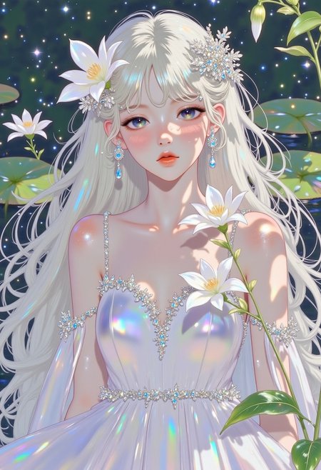 pinkprismaticglow,
A luminous woman with silvery-blonde hair cascading in soft waves, adorned with glowing white lilies. Her soft blue eyes shimmer with moonlight, and her skin has a pearlescent sheen. She wears a flowing silk gown in pale ivory. The background features a tranquil moonlit pond, with floating lily pads and faint ripples in the water.