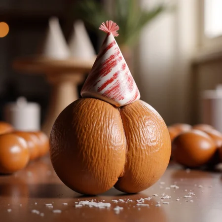 A beautifully shaped CocoDeMer wearing a party hat at a birthday party