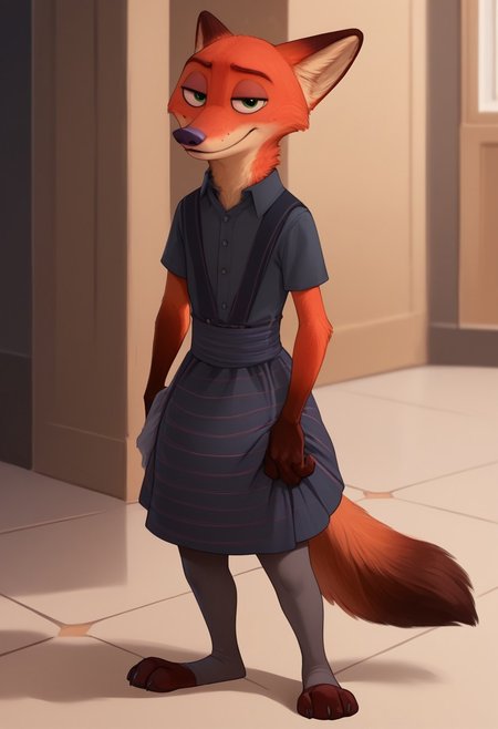 score_9, score_8_up, score_7_up, score_6_up, score_5_up, score_4_up, anthro, 1boy, nickwilde, solo, green eyes, tail, diaper, poofy diaper, mascara, lipstick, black dress, stockings, dress up, sexy look, looking at viewer, light shading