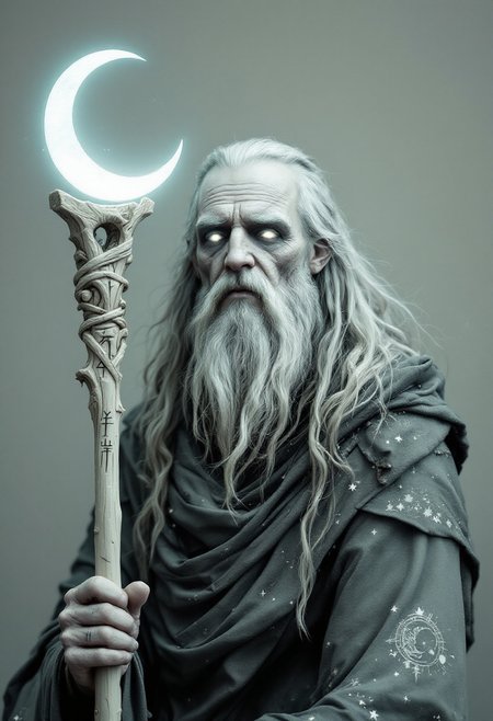 Old grainy photography, fined grain photo.
Lunar Druid Bust with Moonshadow StaffStaff: A staff crafted from pale, moonlit wood, its surface engraved with silver-glowing runes that reflect the phases of the moon. The top of the staff holds a crescent moon that glows with a soft, ethereal light, surrounded by a faint halo of moonlight.Visual Elements: The wizard’s eyes are a soft, luminous silver, glowing with the light of the moon. His skin is marked with crescent-shaped shadows that slowly move across his face and neck, like phases of the moon, showing the curse that ties him to the lunar cycle. His hair flows like moonlight, with strands that shimmer and fade into shadow.Clothing: A robe woven from silvery fabrics that seem to shift and change like the phases of the moon, adorned with patterns of stars and constellations. Parts of the robe are darkening, as if consumed by shadow, a reflection of the lunar curse.Cursed Detail: Moving crescent shadows that crawl across his skin, shifting with the phases of the moon, binding him to the eternal lunar cycle.Background: A dark, starry night sky with a crescent moon shining brightly, casting a soft, ghostly light that enhances the mystical atmosphere.