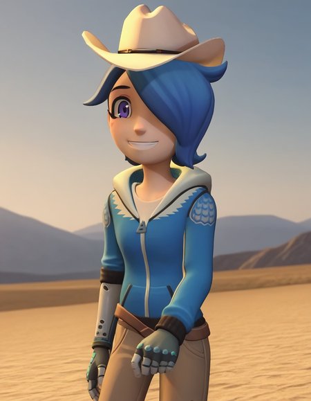 score_9, score_8_up, score_7_up, source_anime,
turboartificialrapidintelligence, <lora:turbo-artificial-rapid-intelligence-ponyxl-lora-nochekaiser:1>,
turbo artificial rapid intelligence, blue hair,hair over one eye, purple eyes, 3d,
hat, hood, hoodie, cowboy hat, cowboy western,
outdoors, dessert, bent over, smile,
looking at viewer, cowboy shot, dutch angle, solo,