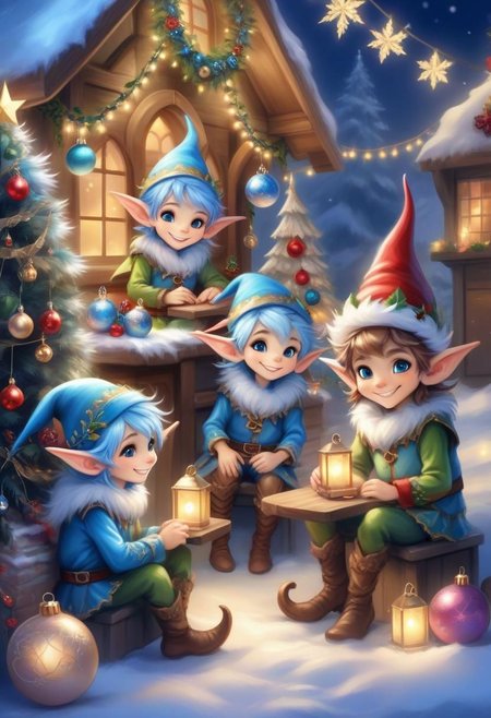 Christmas scene with a cute Blue Epoch Elves sitting among christmas decorations, smile, fluffy,  lights, holiday atmosphere, ultra-fine, digital painting