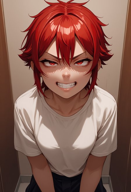 score_9, score_8_up,score_7_up, source_anime, 1girl, solo, <lora:aizwtm_pdxl_EliPot:1>, aizawatomo, red hair, short hair, red eyes, tomboy,
 angry, v-shaped eyebrows, gesugao, evil grin,  half-closed eyes, fitting room,  dressing room,