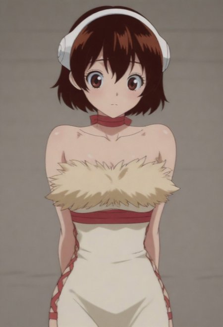 masterpiece, best quality, amazing quality,,, shiny skin,,,,,,, aayuzuriha, brown eyes, brown hair, short hair, white headband, red choker, white dress, bare shoulders, strapless dress, side slit dress, collarbone, fur trim,