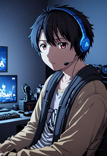 high resolution, solo, best quality, 1Boy, Inaho Kaizuka, Black Hair, gamer, bedroom, night, pc, sit, headset, portrait, OverallDetail