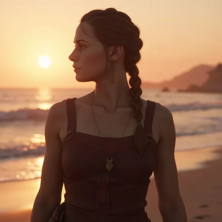 <lora:amicia-de-rune:1>amicia de rune, Amicia de Rune, in summer attire, on a beach at sunset, with gentle waves in the background, in a concept art style.