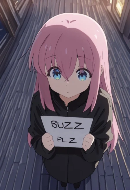 Masterpiece, ultra-detailed, best quality, 8K, illustration, absolutely eye-catching,hitori gotou
,cute,outdoor, On the roof of the building, night, black coat, above view, need_buzz, holding sign
masterpiece, best quality, amazing quality, very aesthetic, absurdres,  newest,