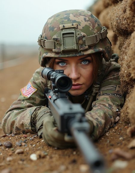 A female Marine sniper lies prone behind a sandbag bunker, her M40 rifle trained on an enemy position across no man's land. The camera is positioned from a high angle, capturing the intricate details of her uniform and equipment as well as the desolate landscape surrounding her. A subtle gradient effect enhances the contrast between light and dark, drawing attention to the subject's sharp features.