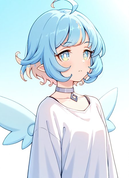 masterpiece, best quality, very aesthetic, absurdres, detailed, break, amy_(princess_connect), 1girl,short hair,blue hair,ahoge,multicolored hair,bangs,blue eyes,pointy ears,choker,wings,white dress
