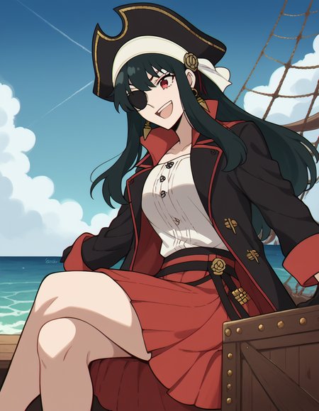 score_9, score_8_up, score_7_up, source_anime, yorbriar, <lora:yor-briar-s1-ponyxl-lora-nochekaiser:1>, yor briar, black hair, red eyes, earrings, white hairband, hairband, long hair, sidelocks, medium breasts,, <lora:pirate-costume-ponyxl-lora-nochekaiser:1>, pirate costume, pirate hat, skirt, gloves, jacket, shirt, eyepatch,, blue sky, sea, ocean, pirate ship, treasure, gold, smug, open mouth, from below, sitting,, cowboy shot