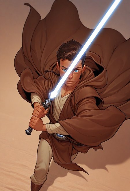 masterpiece, absurdres, high quality, perfect anatomy, 1boy, solo, cute boy, male focus, jedi robe, Caleb Dume, Brown Hair, Padawan Braid, Blue Eyes, Brown Robe, Brown Tunic, Tan Shirt, Belt, Tan Pants, holding a lightsaber, blue lightsaber, cinematic, intricately detailed illustration, depth of field, masterpiece, best quality, amazing quality, very aesthetic, absurdres, newest, very awa,  shadow, dynamic angle, casual cosplay, skinny, toned, dynamic pose,