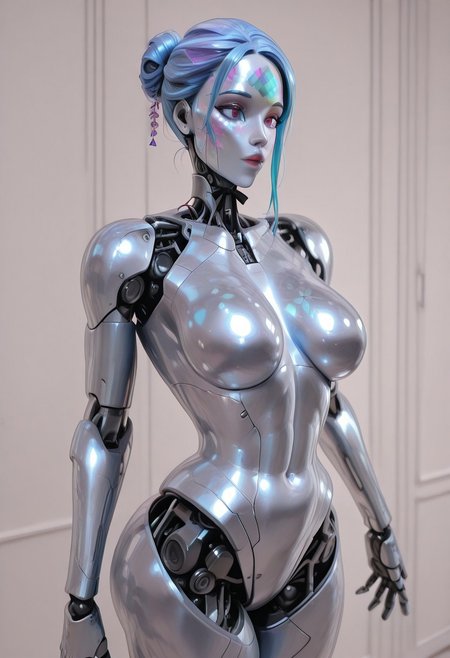 A beautiful robot, female, medium breasts, curvy athletic build, iridescent patterns on her skin
