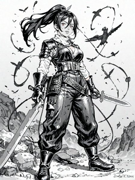1girl armor belt black_hair breasts brown_footwear brown_pants chainmail cleavage fantasy gloves hair_between_eyes hair_over_one_eye high-waist_pants high_ponytail holding holding_knife holding_sword holding_weapon knife leather leather_gloves long_hair pants red_eyes scabbard sheath sidelocks simple_background solo sword tongue tongue_out weapon white_background
, <lora:Berserk:0.8>, score_9, score_8_up, score_7_up, zPDXL3, monochrome, greyscale